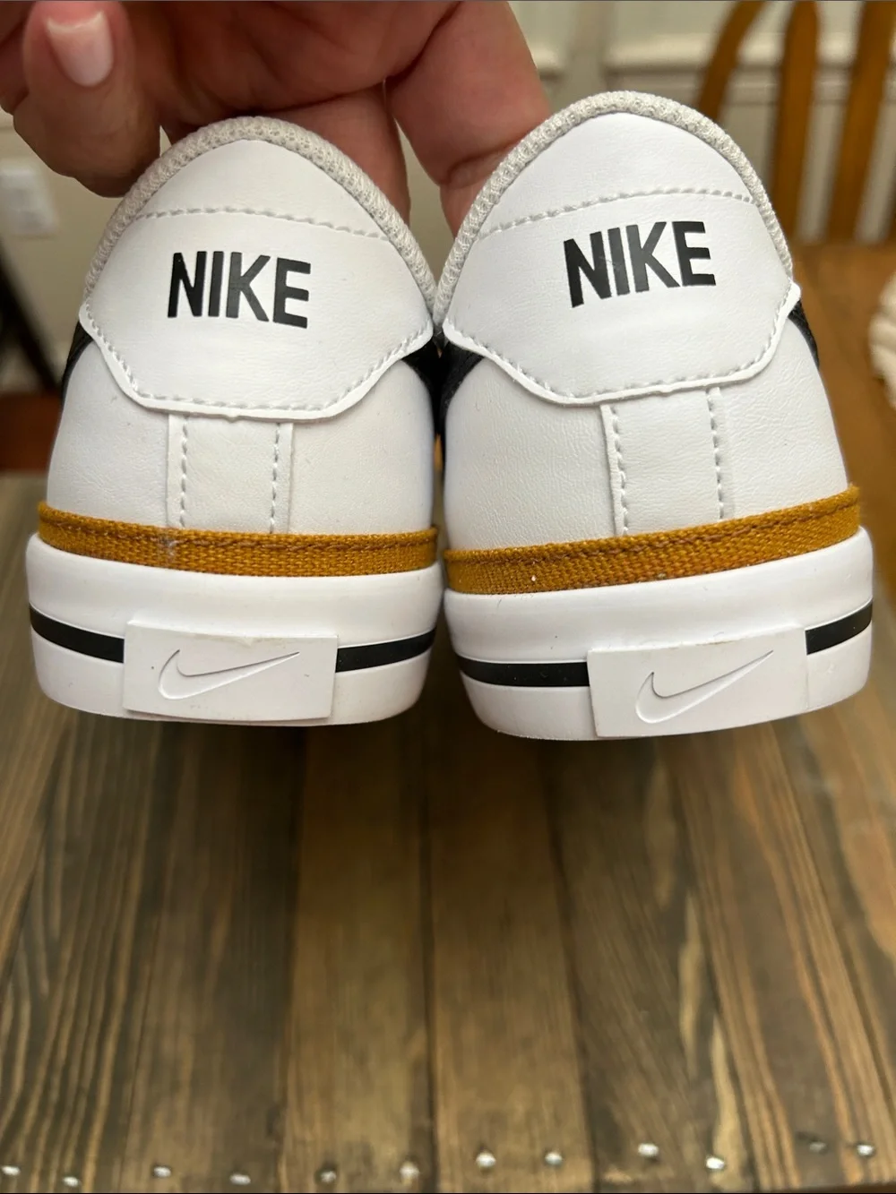 NWT Nike White Leather Sneakers with Black Swoosh and Gold Trim W9 M7.5